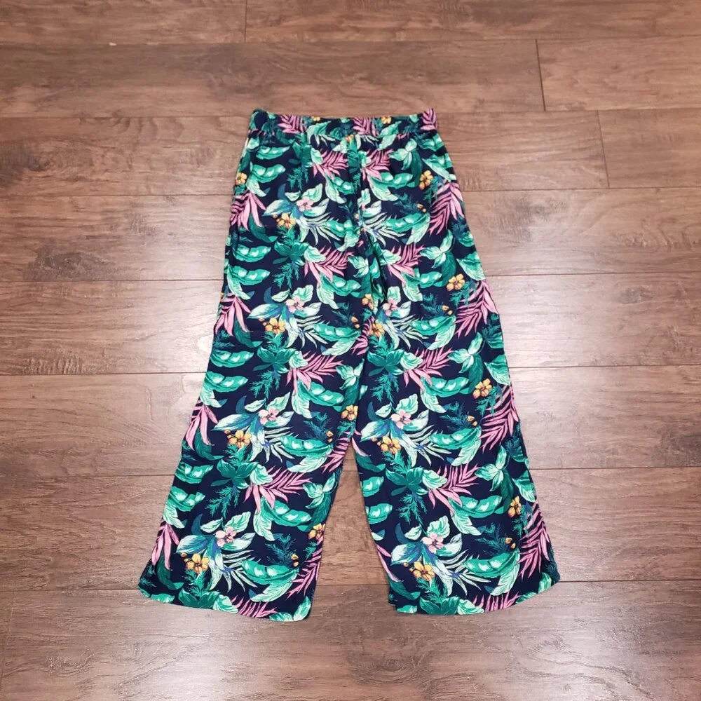 LOFT Linen Blend Pull-On Wide Leg Palazzo Pants Size M Navy Pink Green Pโฆ - Picture 6 of 13